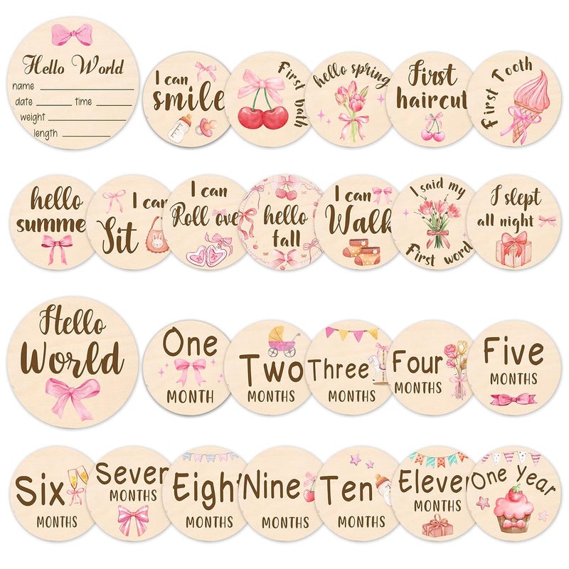 MCIAONE Baby Monthly Milestone Cards Sign - 13 Pcs Double Sided Baby Announcement Signs Bow, Pink Bow Wooden Milestone Circles Discs for Photo Props, Birth Announcement Marker Girl, Babies Welcome Card Gift - Image 1